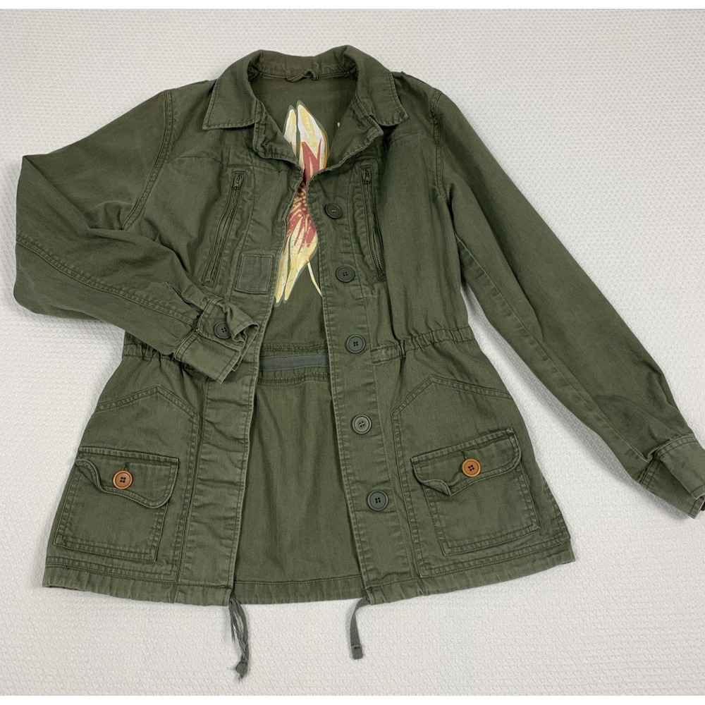 Army Green Utility Jacket Lily Floral Print Interior Zip Pockets Small